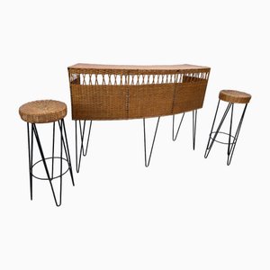 Comptoir de Bar Vintage avec Tabourets en Rotin et Métal, 1950s, Set de 3