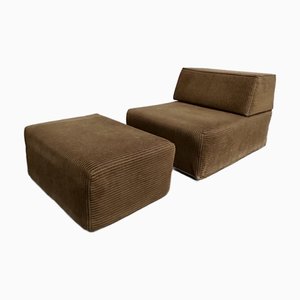 Juego de sillón vintage de pana y otomana, años 70