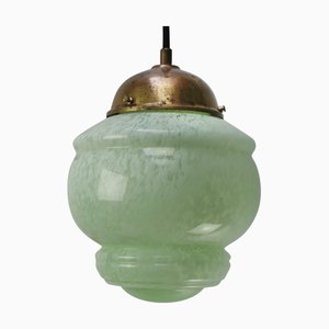 French Clichy Green Reeded Glass Pendant Lamp