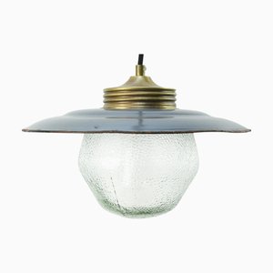 Vintage Pendant Light in Gray Enamel and Brass Frosted Glass