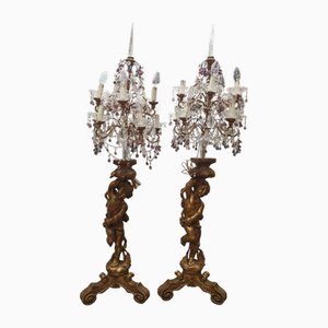 Candelabri grandi in legno dorato con putti, metà XIX secolo, set di 2