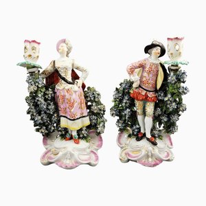 English Rococo Porcelain Ranelagh Dancers Candlesticks with Floral Bocage from Derby, 1760s, Set of 2