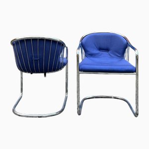 Chrome Cantilever Chairs with Blue Seats by Gastone Rinaldi for Alma, Set of 2