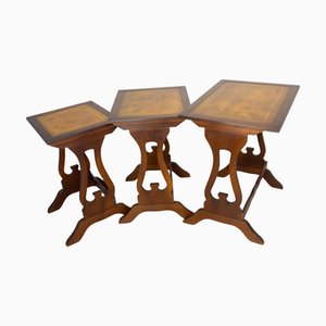 Vintage Poplar Nesting Tables with Top Recovered of Leather, 1960s, Set of 3