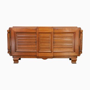 French Art Deco Patinated Oak Sideboard with Relief Carved Doors, 1940s