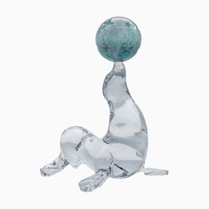 Teal Glass Ball and Clear Glass Sculpture from Daum, France, 1970s