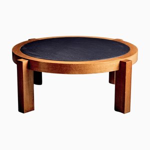 Round Oak Coffee Table with Dark Slate Top, 1960s
