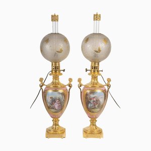Napoleon III Gilt Bronze and Porcelain Oil Lamps, Set of 2