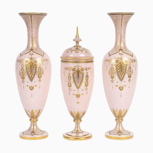 Mantel Set with Vases in Pink Opaline, 1800s, Set of 3