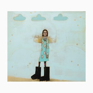 Michele Mikesell, The Leanan Sidhe (LAN-an she), Abstract Surreal Girl with Blue Sky and Clouds, 2025, Olio su tela