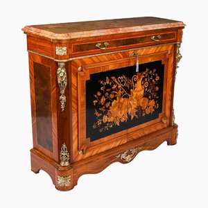 Mueble auxiliar francés antiguo de marquetería floral y mármol, década de 1890
