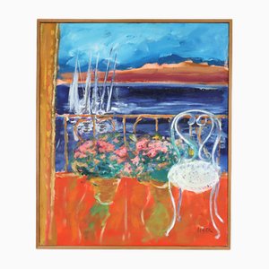 Sunlit Balcony, Oil Painting, Framed