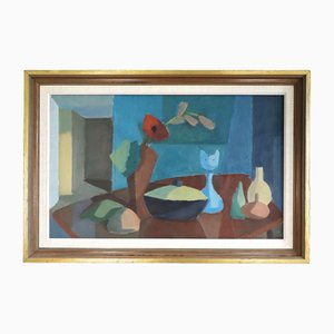 Natura morta con gatto, pittura a olio, con cornice