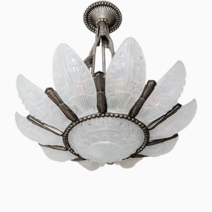 Art Deco Bronze and Glass Chandelier by Georges Leleu, France, 1930s