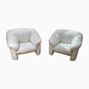 White Leather Armchairs, 1970s, Set of 2