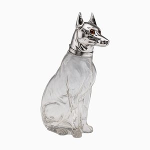 Decanter per bevande Pinscher in vetro trasparente e placcato in argento, XX secolo
