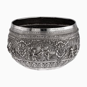 Antique 20th Century Burmese Repoussé Silver Jataka Tales Bowl, 1900s
