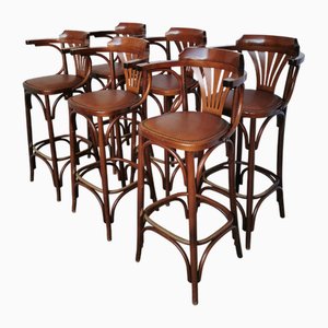 Vintage Bentwood Bar Chairs with Brown Leather Seat, 1970s, Set of 6