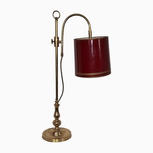 Lampada da tavolo vintage regolabile in altezza con struttura in ottone e paralume laccato rosso, Germania, anni '80
