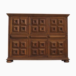 Vintage Spanish Brutalist High Cabinet in Carved Wood, 1970s