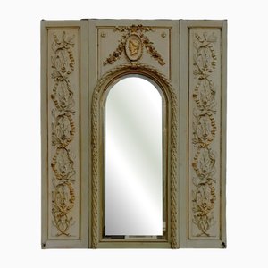 Specchio da camino antico in legno patinato e dorato e stucco, inizio XIX secolo