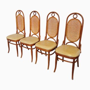 Sedie da pranzo vintage in legno curvato con seduta in pelle, anni '70, set di 4