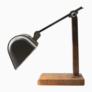Lampada da scrivania Art Déco industriale in metallo e travertino, Belgio, anni '30