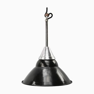 Vintage French Industrial Black Enamel and Chrome Pendant Light from Gal, France