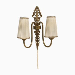 Swedish Grace Wall Sconce with Brass Frame and Pleated Shades, Sweden, 1940s