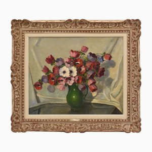 Primo Dolzan, Anemonen- und Mohnblumenstrauß, Öl auf Leinwand, 20. Jh., gerahmt