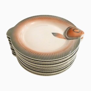 Piatti da pesce vintage in terracotta Digoin Sarreguemines, anni '30, set di 12