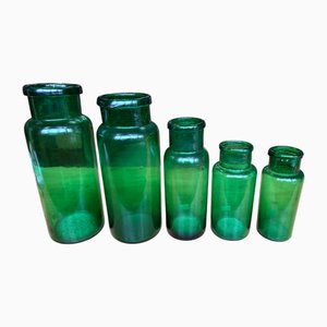 Frascos de botica vintage de vidrio verde. Juego de 5