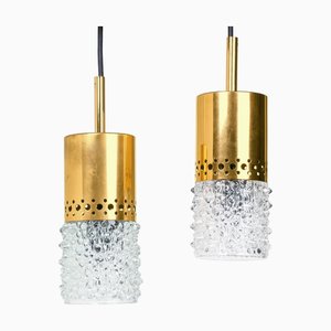 Brass and Bubble Glass Pendant Lights attributed to VEB Narva Leuchten, Germany, 1970s, Set of 3