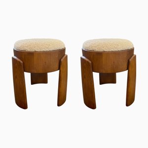 Brutalist Wooden Bouclé Ottomans, Set of 2