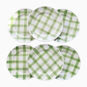 Vintage Earthenware Dessert Plates with Green Tablecloth Pattern from Moulin Des Loups, 1960s, Set of 6