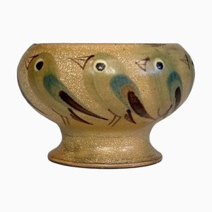 Danish Modern Studio Ceramic Candleholder or Vase with Birds Decor by Margrethe and Palle Dybdahl, Denmark, 1960s