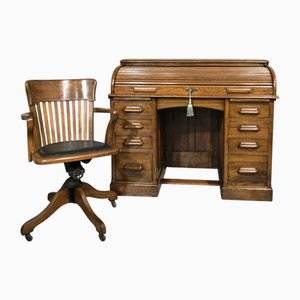 Oak Roll Top Desk and Chair, 1920, Set of 2
