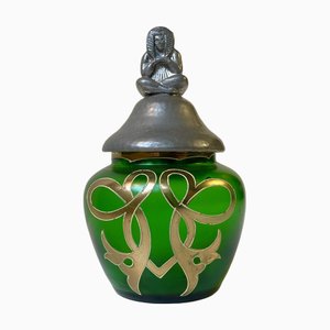 Vaso Jugendstil Vanity in vetro verde e peltro, Francia, fine XIX secolo