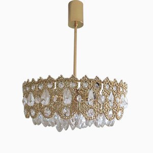 Mid-Century Gilded Brass & Crystal Chandelier from Palwa