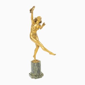 Artiste Art Déco, Danseuse au Tambourin, Sculpture en Bronze Doré, 1930s