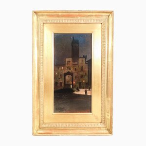 Antonio Salvetti, Evening in San Gimignano, Oil on Cardboard, Framed