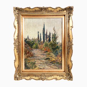 Carlo Cressini, Path with Cypresses, Oil on Canvas, Framed