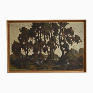 Paisaje de bosque, óleo sobre tabla, años 20, enmarcado