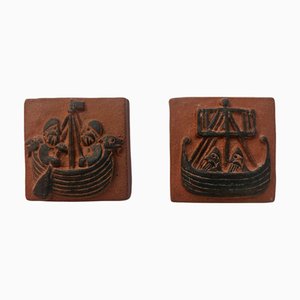 Mid-Century Ceramics Tiles with Viking Motifs from Thyssen, Denmark, 1960s, Set of 2