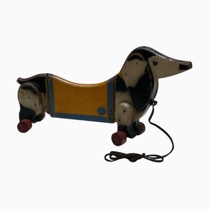 Juguete de arrastre de perro salchicha de madera, años 40