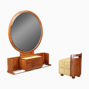 Coiffeuse Art Déco En Chêne - Forme U - Miroir Rond - Assise Pivotante - Occasion