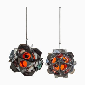 Lámparas colgantes geométricas de la era espacial en naranja al estilo de Bruno Munari, años 90. Juego de 2