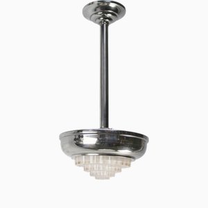 Lampada da soffitto Art Déco in vetro nervato, placcato in argento nichelato e trasparente, Francia