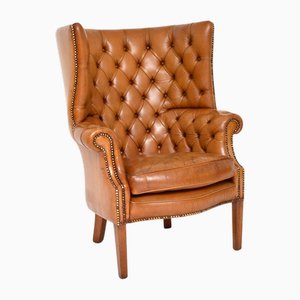Antique Leather Barrel Back Wing Armchair, 1930s