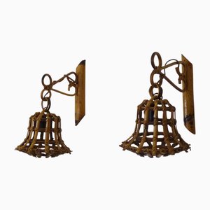 Appliques Murales Lanterne Vintage en Bambou et Rotin, 1950s, Set de 2